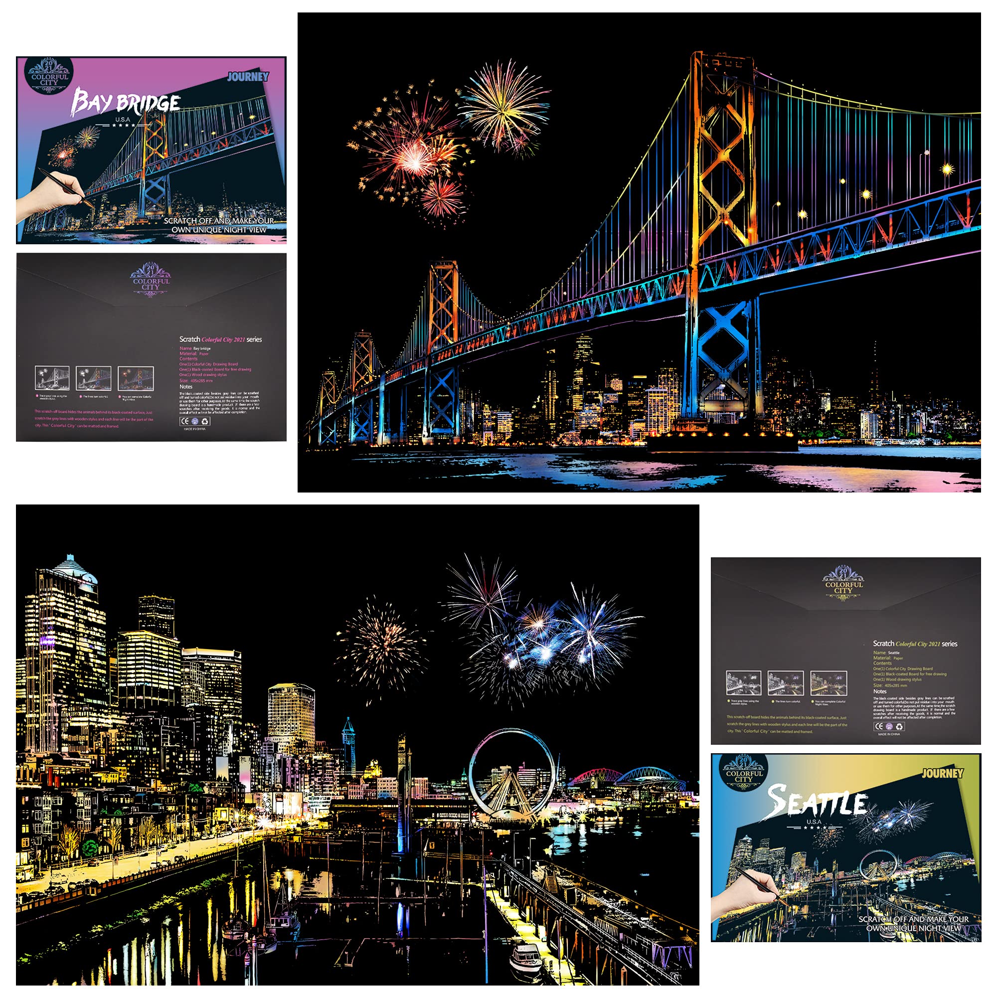 DESINIK Scratch Painting Kits for Adults Rainbow Painting Art Paper, World Famous City DIY Night View Scratchboard for Adults with 4 Tools,Size 11.2''x16'' (Seattle)