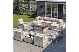 SWEECCI 13-Piece Patio Furniture Set, Outdoor Patio Furniture with Swivel Chairs Set, Ottomans, 55,000 BTU Fire Pit Table, Modular Patio Sofa, Dual-Strand Wicker Rattan, Rust-Resistant Frame, Khaki