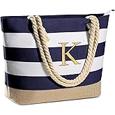 YOOLIFE Initial Canvas Waterproof Beach Tote Bag Zipper Personalized Gifts for Women Her Birthday Travel Beach Essential