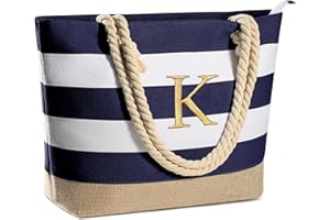 YOOLIFE Initial Canvas Waterproof Beach Tote Bag Zipper Personalized Gifts for Women Her Birthday Travel Beach Essential