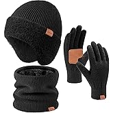 Sofier Winter Hat Fleece Lined Beanie with Earflap Neck Warmer Scarf Touchscreen Gloves Warm Knit Set for Men Women