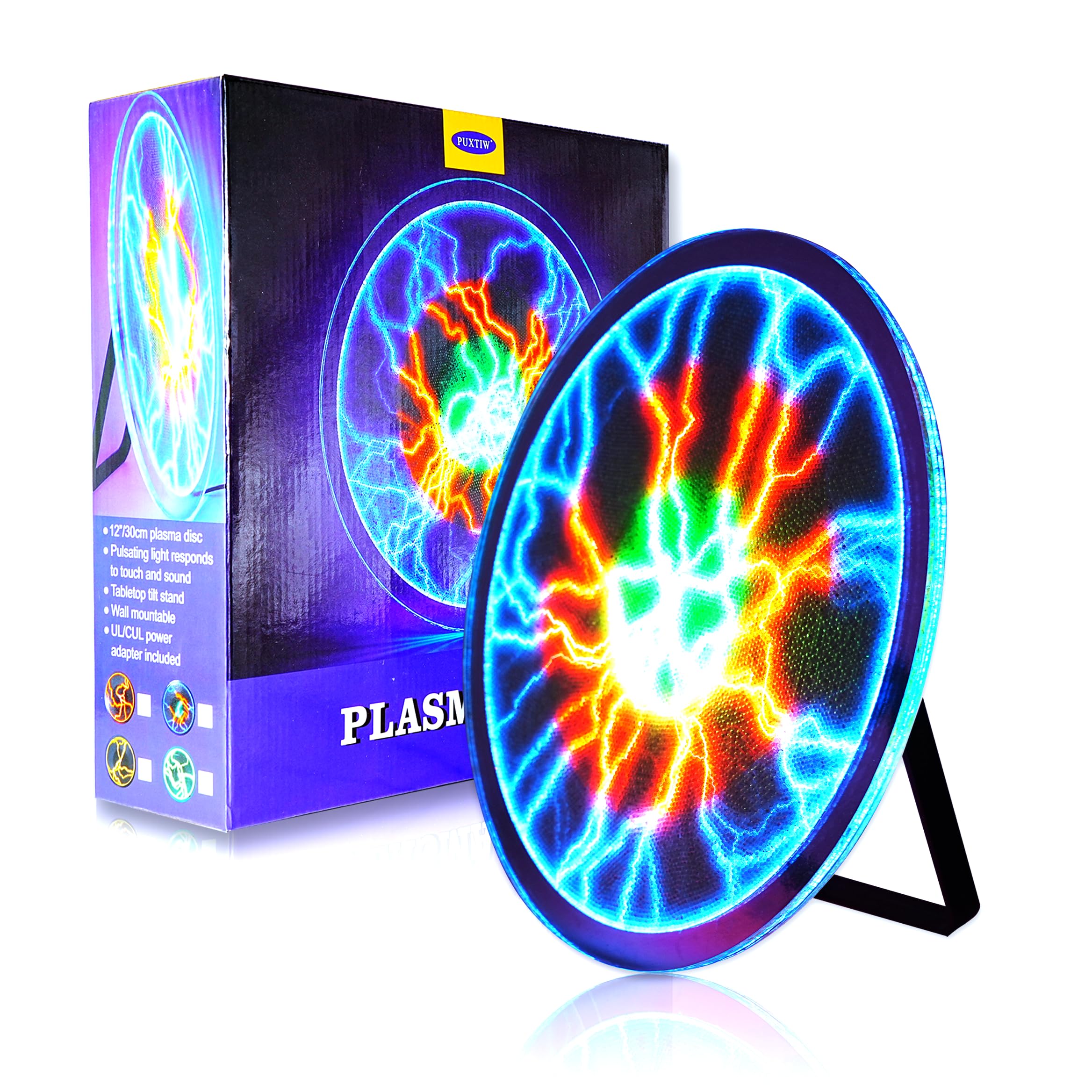 Photo 1 of PUXTIW 12 Inch Plasma Disc,Plasma Plate ?Flashmen Plasma Disc Science Toy?Fancy Club Decor and Science Education Gifts?Plasma Disk Sensor Lighting Plate with Music,Voice and Touch Response?Tricolor?