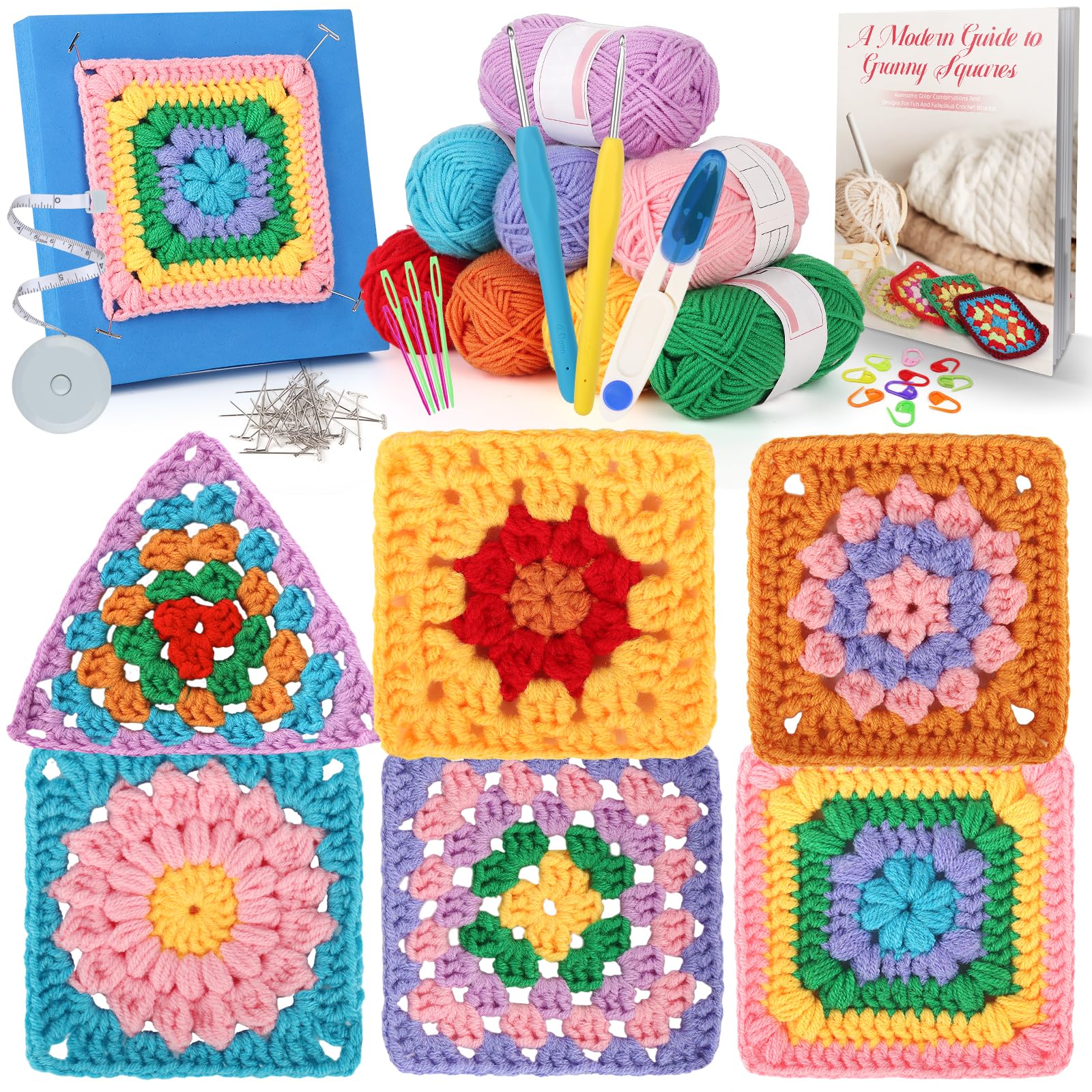 Coopay Crochet Kit Beginners for 6 Types Granny Squares, Starter Knitting Kit with Instructions & 8PCS Yarn, Crochet Start Kit for Adults Learn to Crochet Granny Square Coasters, Table Runners, ect