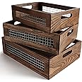 NAGAWOOD Wooden Countertop Baskets Set Of 2 - Rustic Oak Nesting Boxes With Mesh Sides For Kitchen & Bathroom Organization
