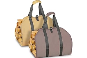 LBTING Firewood Log Carrier, 2 Pack Heavy Duty 900D Oxford Log Tote Wood Carrying Bag with Handle Security Strap, Suitable for Indoor Fireplace and Outdoor Camping - Brown & Khaki