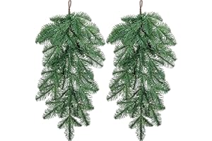 Watayo 2 Pcs Artificial Christmas Teardrop Swag, 23" Faux Norfolk Pine Teardrop Door Swag, Real Touch Greenery Pine Wreath Staircase Swags for Xmas Holiday Door Mantle Fireplace Decor Indoor Outdoor