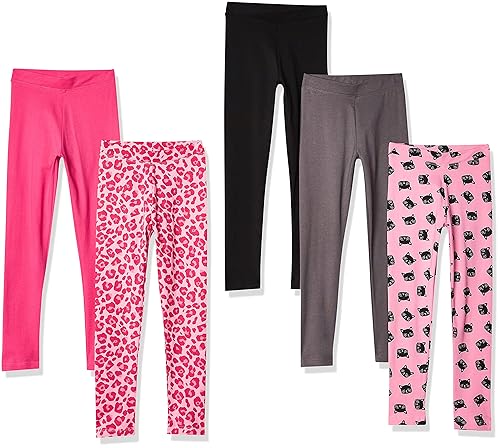 Amazon Essentials Toddler Girls' Leggings, Pack of 5, Animal Print/Black/Cat/Dark Grey/Pink, 3T