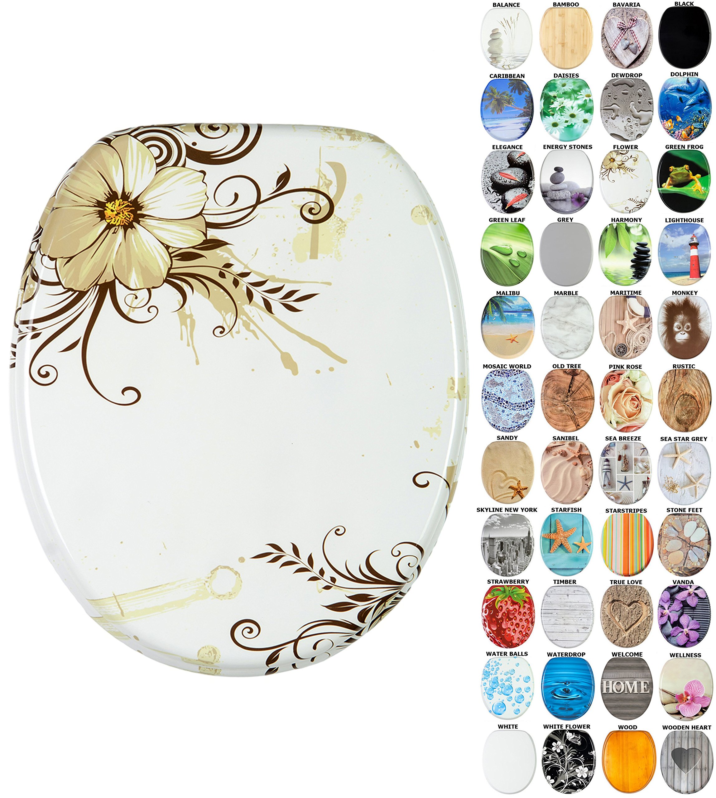 Sanilo Soft Close Toilet Seat, Wide Choice of New Toilet Seats, Stable Hinges, Easy to Mount (Flower)