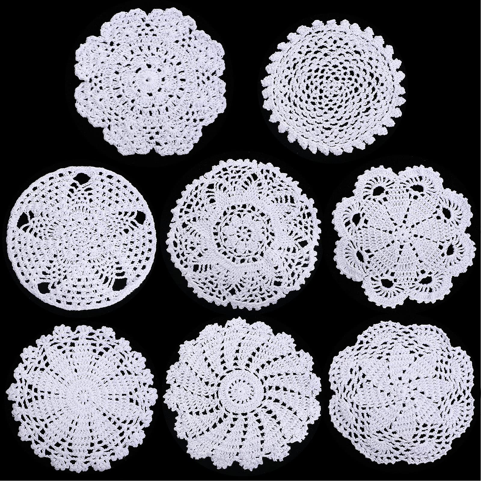 Chuangdi 8 Pcs 6 to 8 Inches Handmade Crochet Doilies White Lace Doilies for Tables Vintage Round Cotton Placemats Coasters Rustic Lace Doily for Kitchen Dining Dressers Vase Crafts Decoration(White)