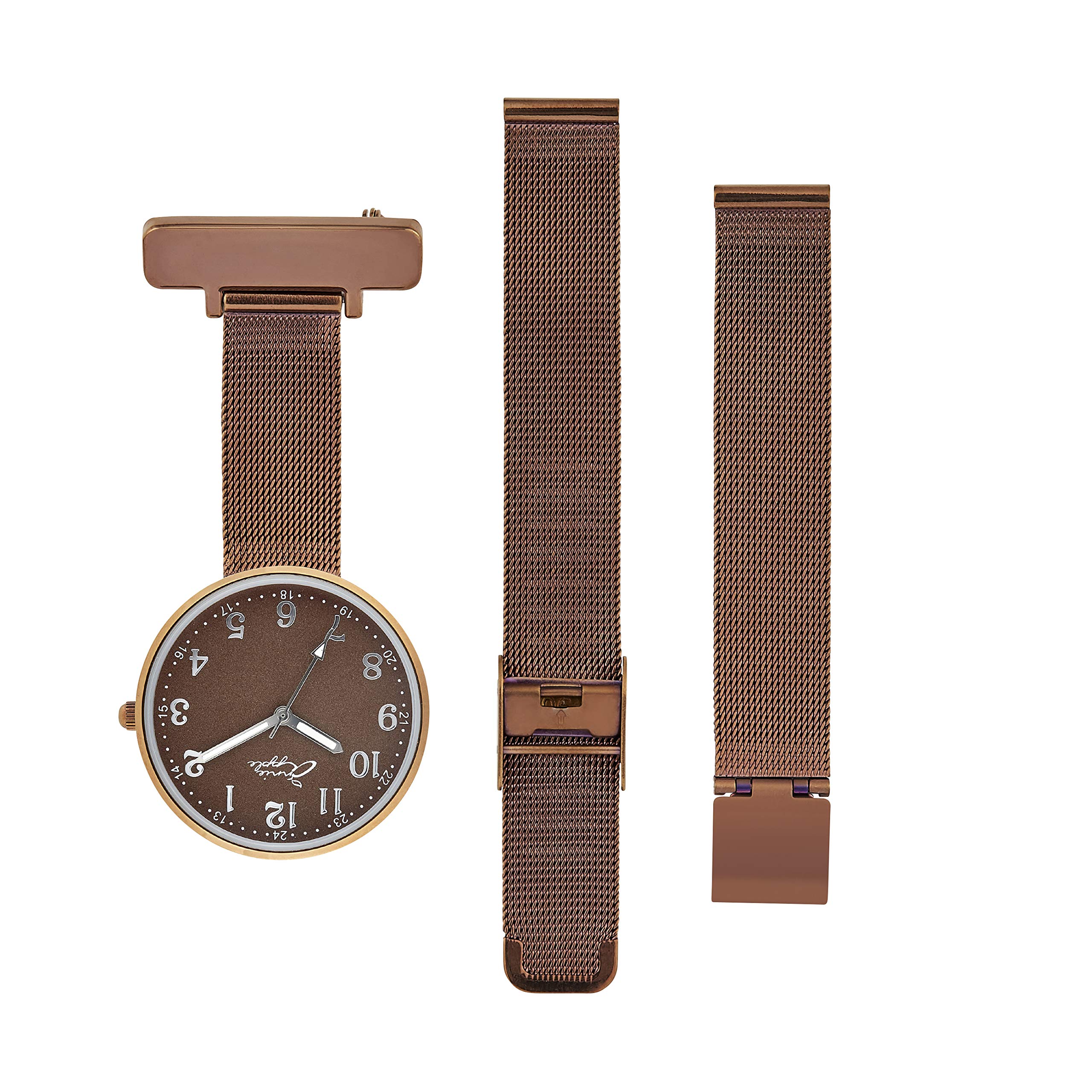 Annie Apple Nurse Fob to Wrist Watch – Dark Chocolate Dial with Cocoa Brown Mesh Interchangeable Strap – Pocket & Wrist Watch for Nurses, Doctors, Hairdressers, Beauticians