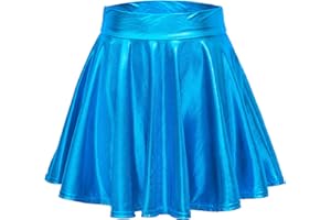 EXCHIC Women's Shiny Metallic Wet Look Stretchy Flared Mini Skater Skirt