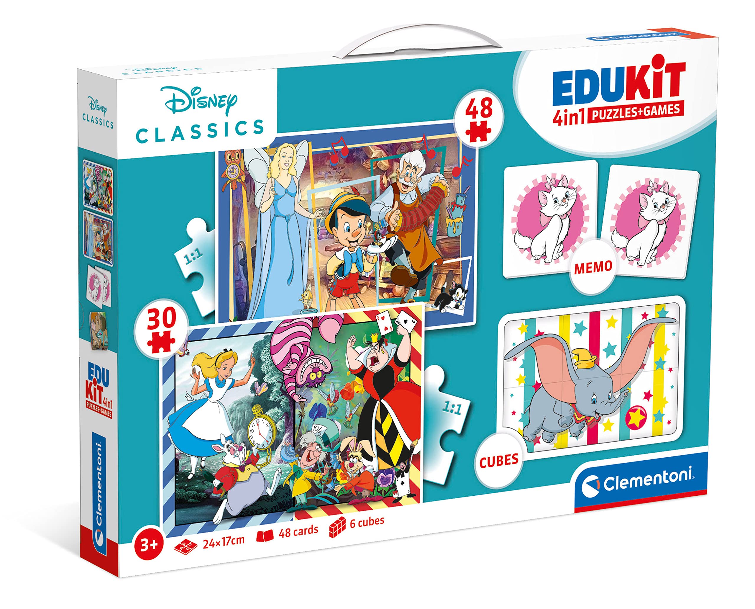 Clementoni - 18290 - Edukit 4 In 1 Disney Classics (30 And 48 Pieces Puzzle, Memo And Six Cubes), Children Jigsaw Puzzle, Memo Games, Card Games For Kids 4 Years, Made In Italy
