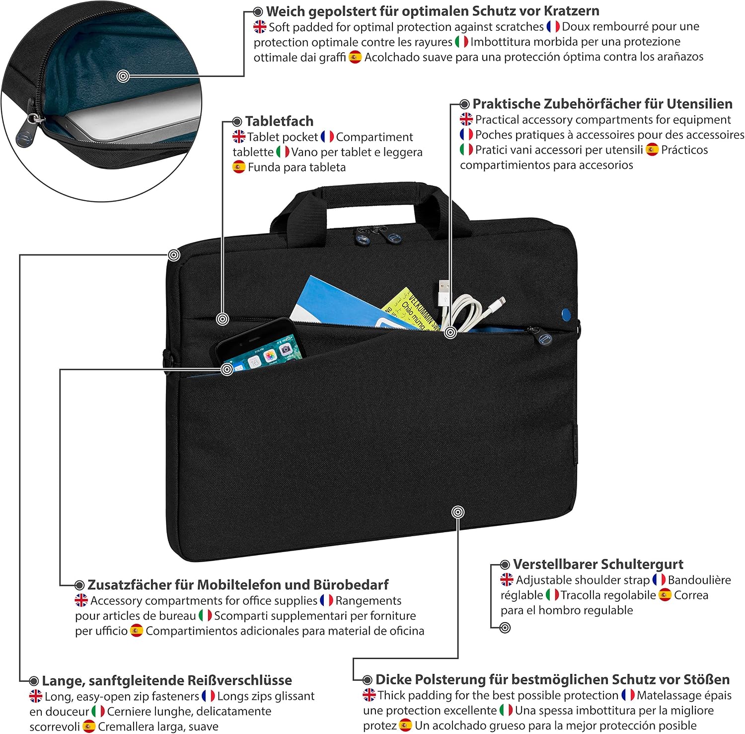 Pedea, Laptop Bag *Fashion* Notebook Bag up to 15.6 Inches, Laptop Shoulder Bag with Shoulder Strap, Laptop Sleeve Black/Blue - Image 5