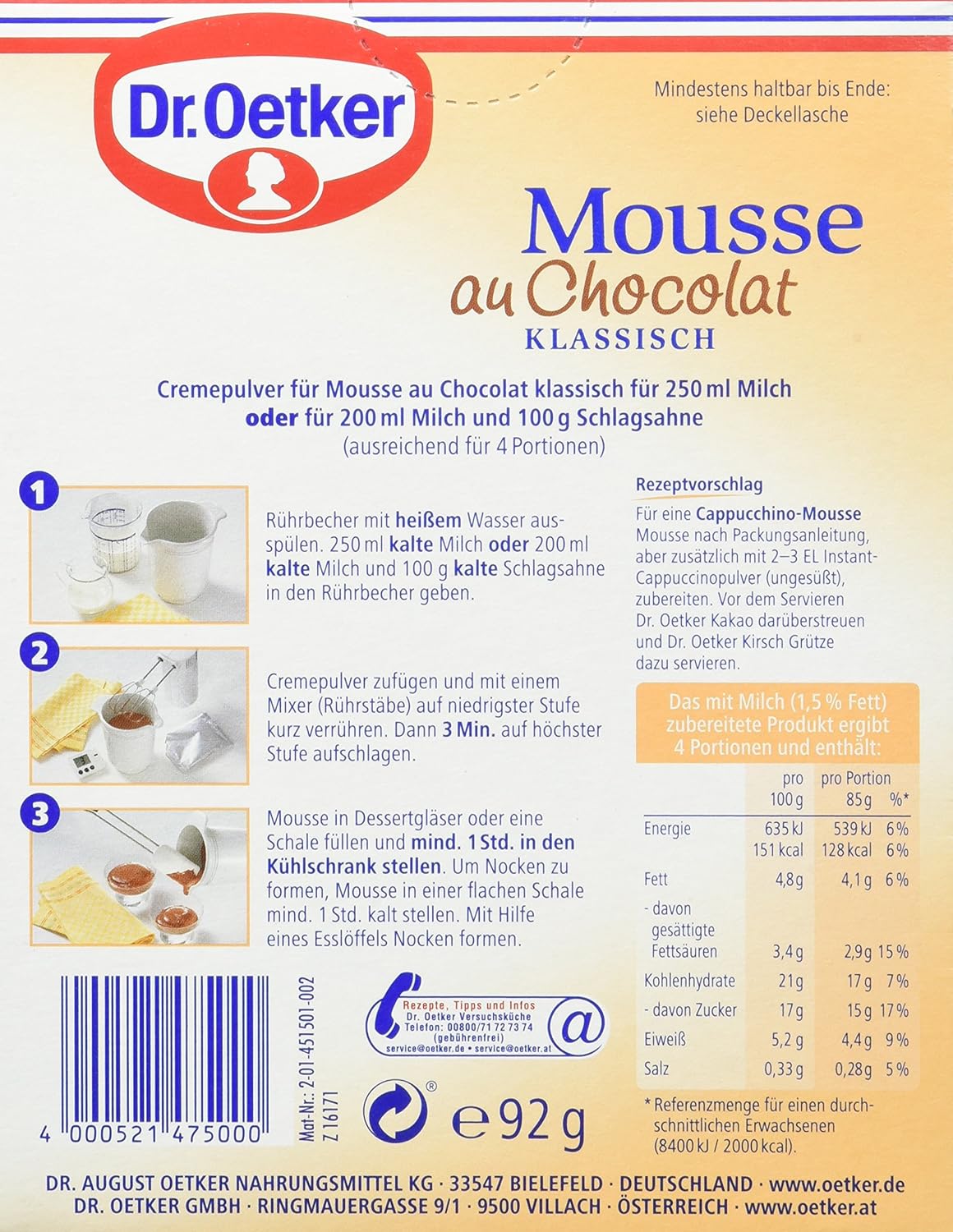 Dr Oetker Mousse Au Chocolat Klassisch 8er Pack 8 X 92 G