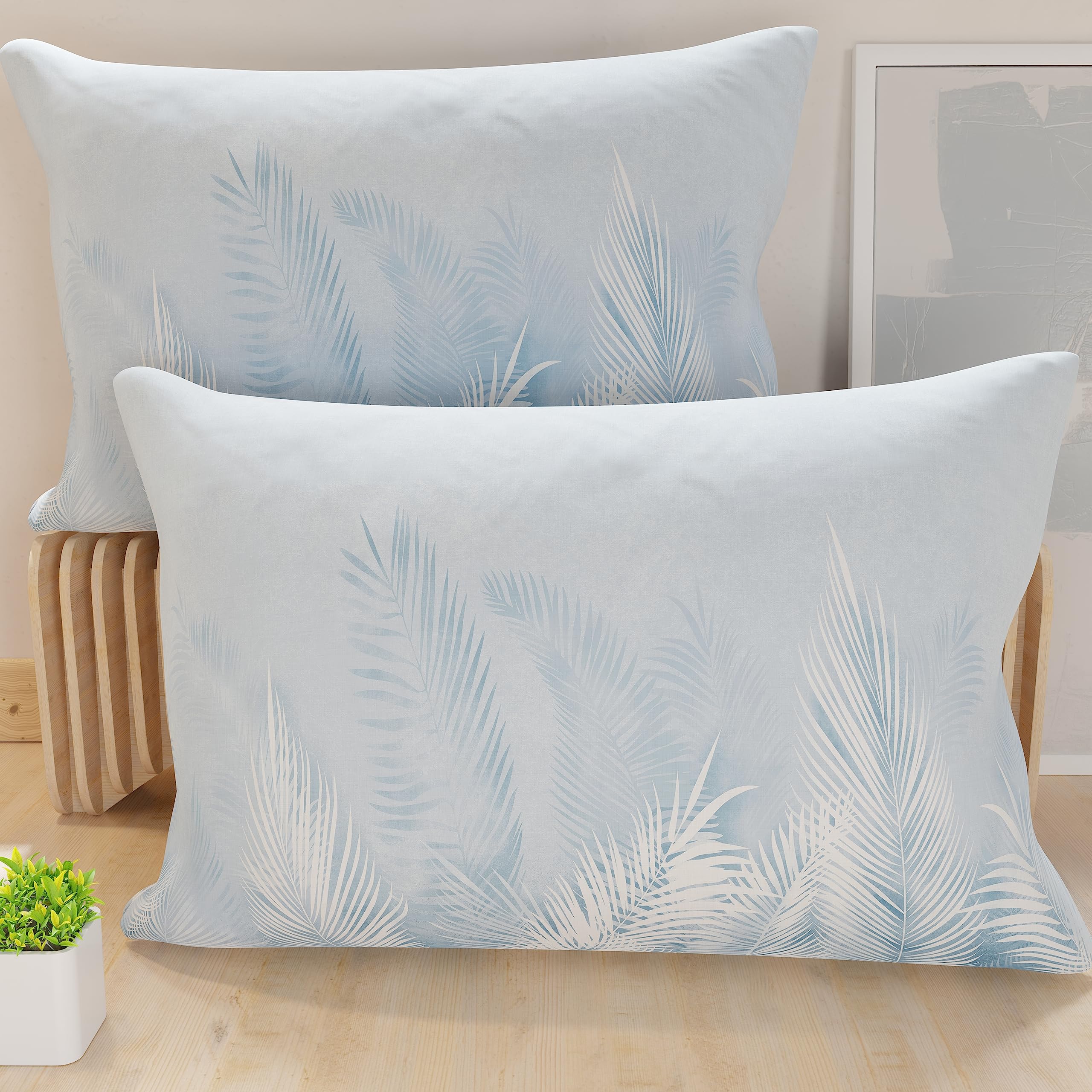 PETTI Artigiani Italiani - Pair of Pillow Cases 50 x 80 cm in Microfibre, Pillows for Bedroom Furniture, Sofa, Living Room, Set of 2 Cushion Covers, Light Blue Leaf Cover, 100% Made in Italy
