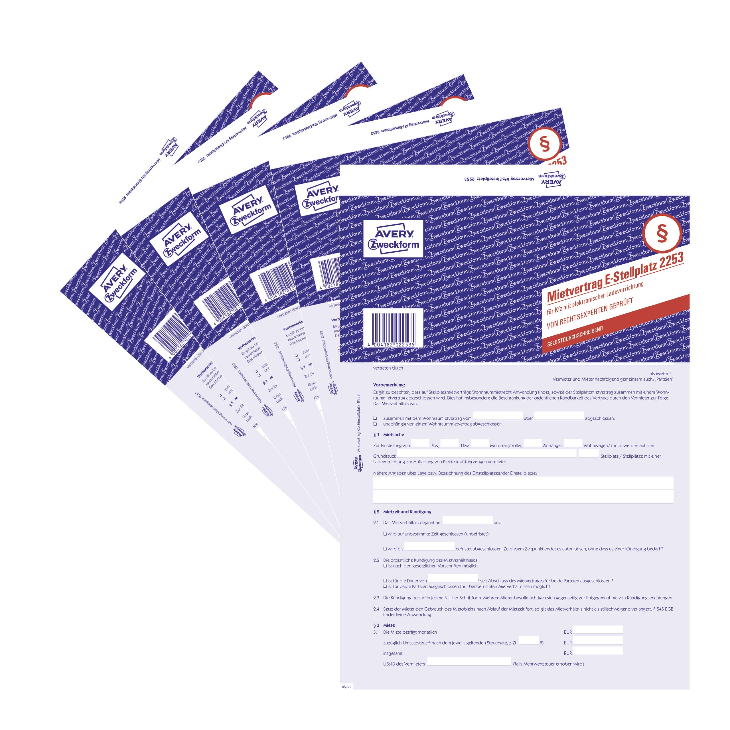 AVERY Zweckform 2253-5 Rental Contract Car Space with Charger for Electric Vehicles (Parking Space Contract for E-Car, 4-Sided Form in A4 Sheet Format, Garage with Charging Option) Pack of 5