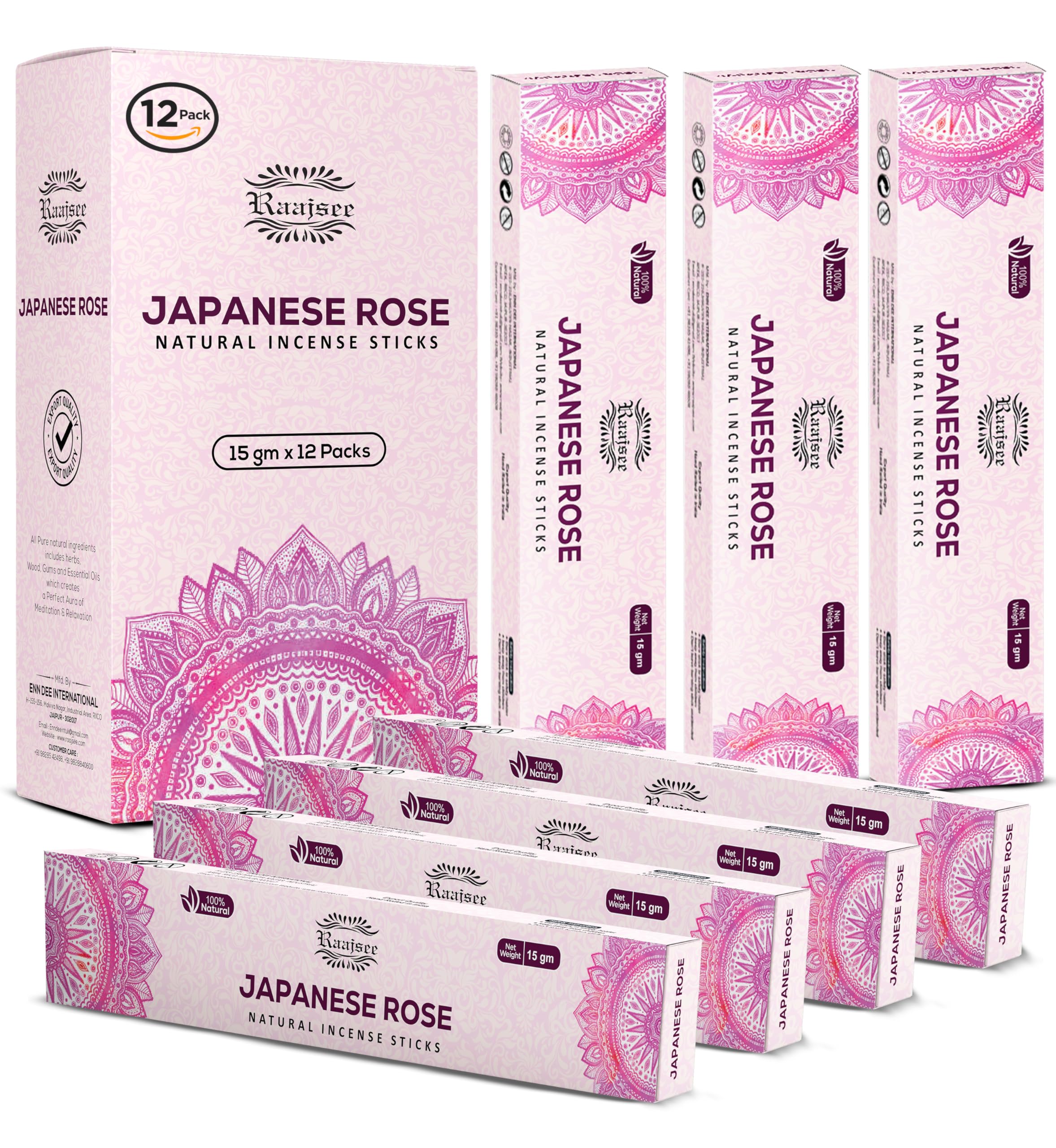 raajsee 15 GMS x 12 Pack Rose Incense Sticks,100% Pure Organic Natural Hand Rolled Free from Chemicals - Perfect for Aromatherapy, Cleansing,Meditation and Church
