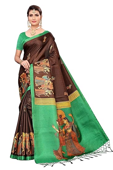 Womens Khadi Art Silk Printed Saree Border Tassels With Blouse Piece(RAJA-RANI_Free Size)
