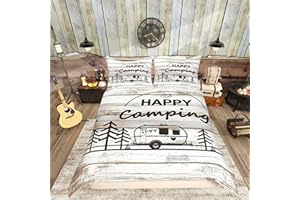 Happy Camping Bedding Set White Wood Panels Comforter Cover Set for Kids Teens Women Room Decor Country Style Duvet Cover Bre