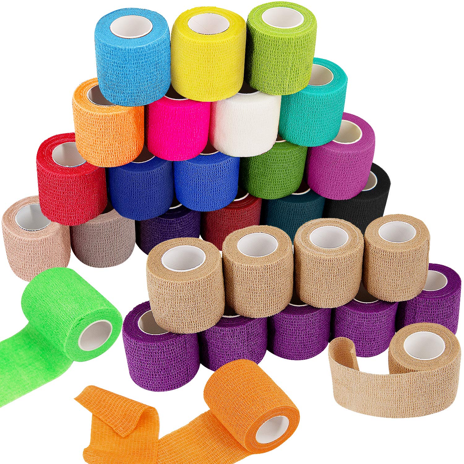BQTQ 30 Rolls Cohesive Bandage 2 Inch Self Adherent Sport Wrap Tape Breathable Athletic Tape for Human and Animals Ankle Sprains Swelling, 22 Colours