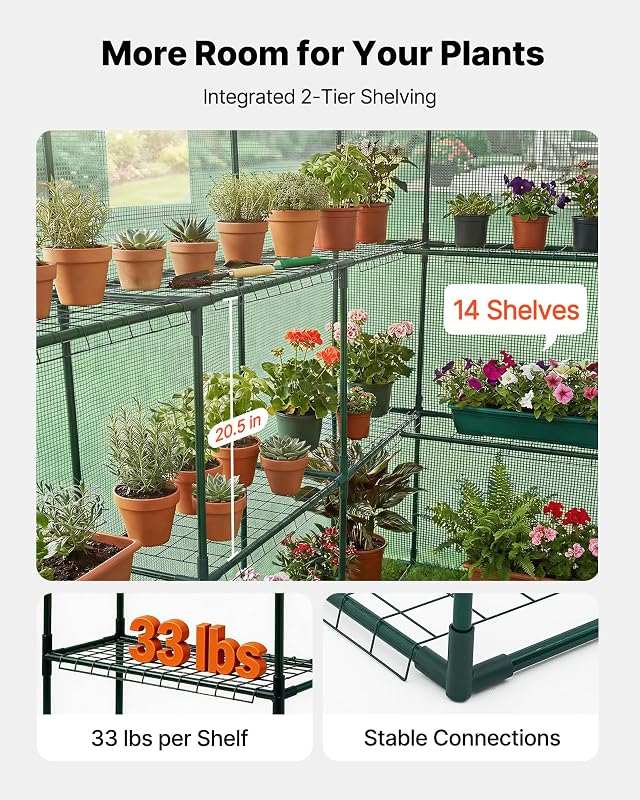 Serre de Jardin avec 14 Étagères 2 Niveaux Serre de Jardin pour Plantes et Fleurs en Pot, avec Bâche en PE, 2 Fenêtres, Porte Zippée Enroulable, Charge par Niveau 15 kg, 137x206x196 cm, Vert