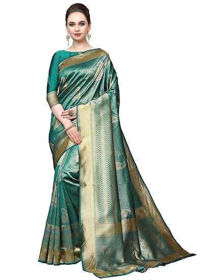 COTTON SHOPY Womens Banarasi Silk Blend Saree With Blouse Piece (Cott-915_Rama, Green & Gold)