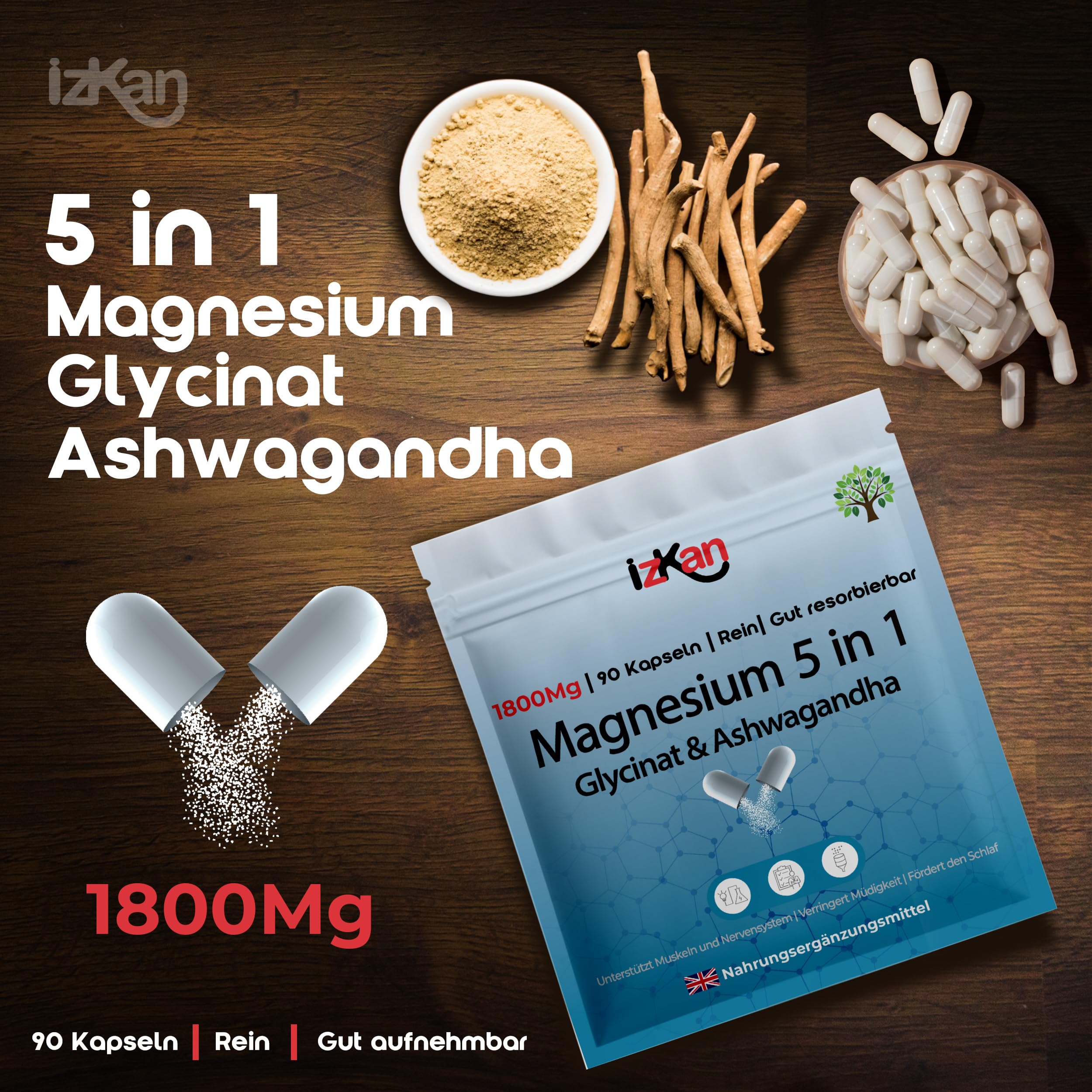 Magnesium Glycinat 5-in-1 Komplex – 1800 mg als Bisglycinat, Citrat & Malat | 384 mg Elementares Magnesium | Mit Ashwagandha & Vitamin B6 | Für Schlafqualität, Muskeln & Immunsystem | 90 Vegane Kapsel 3