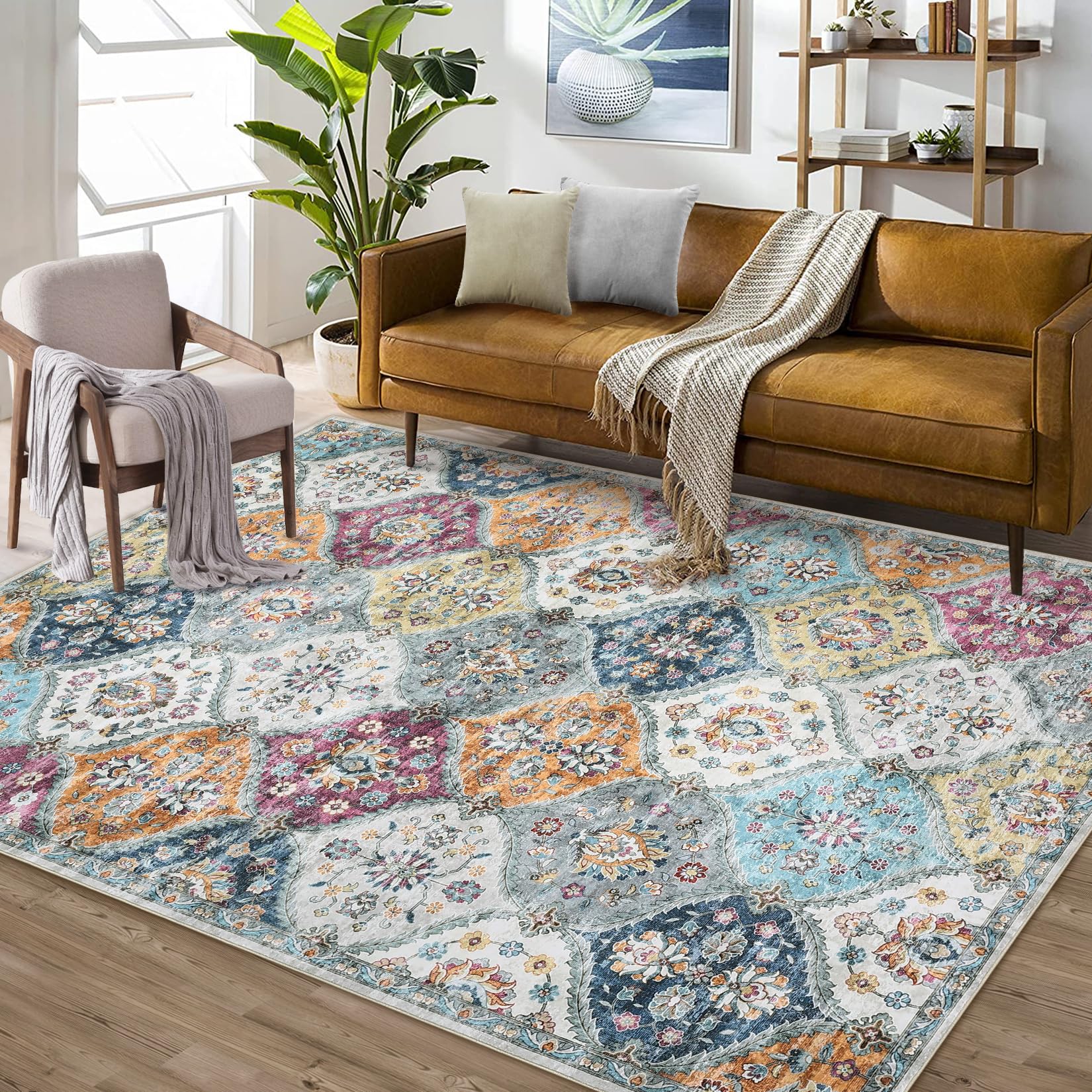 Photo 1 of ROYHOME Washable Area Rug Moroccan Trellis Distressed Area Rugs Stain Resistant Non-Slip Floor Carpet Vintage Medallion Accent Rug Farmhouse Floor Cover for Dining Room Bedroom, Purple/Grey, 3' x 5'