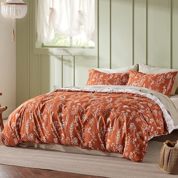 BEDSURE TERRACOTTA QUEEN COMFORTER SET – REVERSIBLE FLORAL BED SET, SOFT SUMMER LIGHTWEIGHT BEDDING FOR BEDROOM, 1 SOFT BOTANICAL FLOWERS COMFORTER AND 2 PILLOW SHAMS