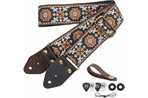 Nefelibata Guitar Strap,Jacquard Embroidery Cotton Guitar Straps with Crazy Horse Leather Leather Ends for Bass, Electric & Acoustic, Best Gifts for Kids, Guitarists(Retro yellow flower embroidery)