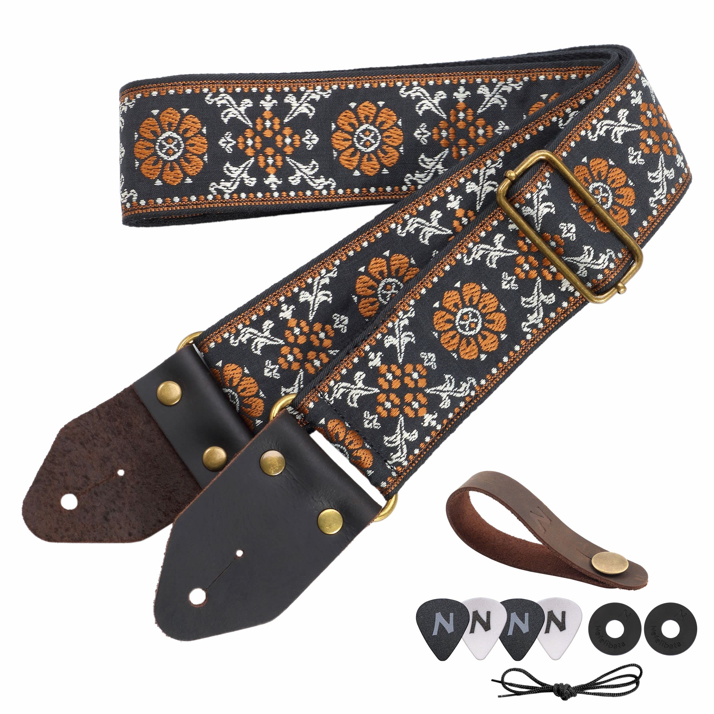 Photo 1 of Nefelibata Guitar Strap,Jacquard Embroidery Cotton Guitar Straps with Crazy Horse Leather Leather Ends for Bass, Electric & Acoustic, Best Gifts for Kids, Guitarists(Retro yellow flower embroidery)