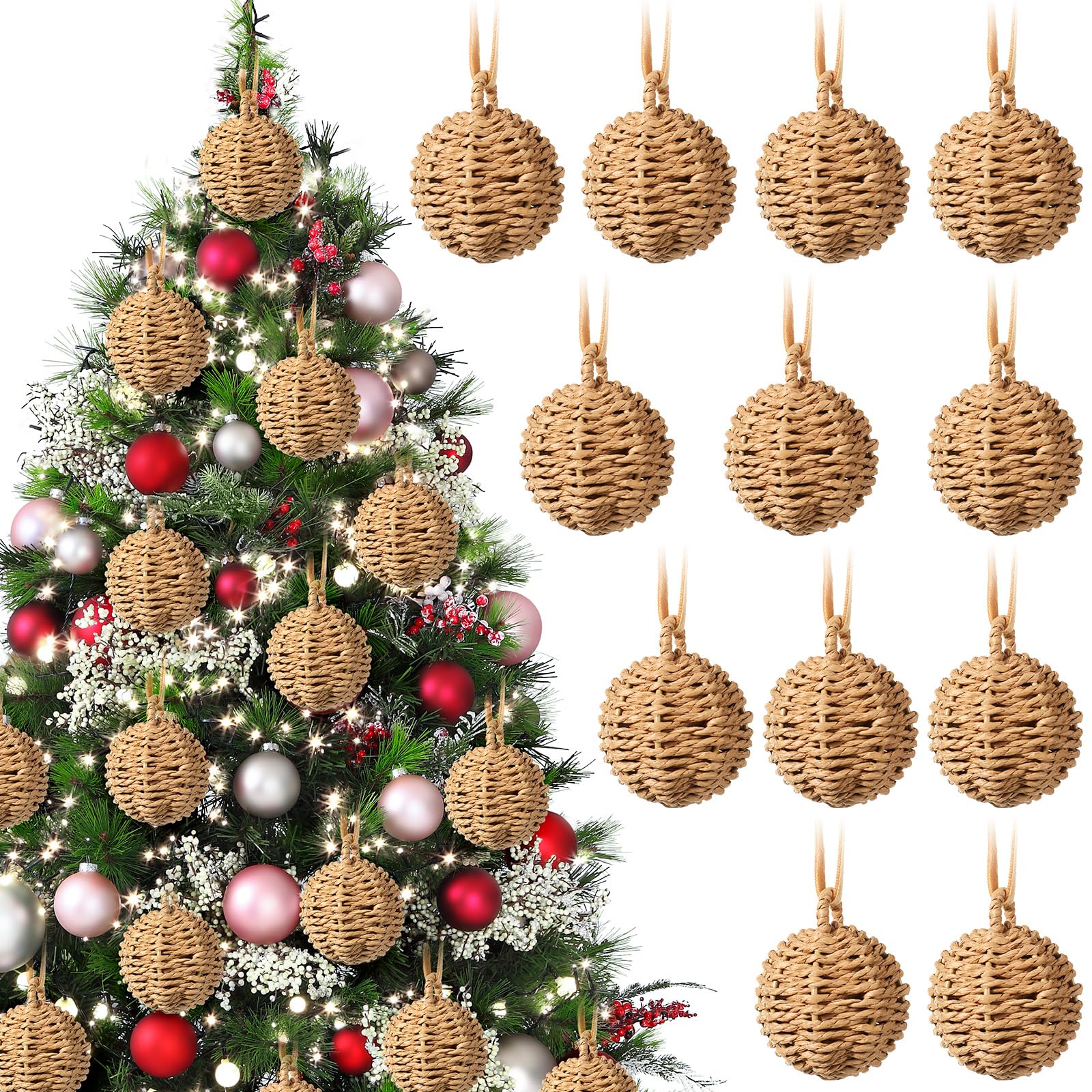 Photo 1 of Amyhill 12 Pcs Christmas Decorations Rattan Balls Set, Christmas Wicker Ornaments Woven Tree Ball Ornaments Xmas Natural Wicker Balls for Xmas Holiday Wedding Birthday Party Decorations