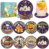 Halloween Diamond Art Coasters Kits, Diamond Painting Coasters with Holder | DIY Halloween Coaster Gem Art Crafts Supplies for Adults Beginners Set of 8 Cup Mat with Nice Gift Box (3.9 inch)