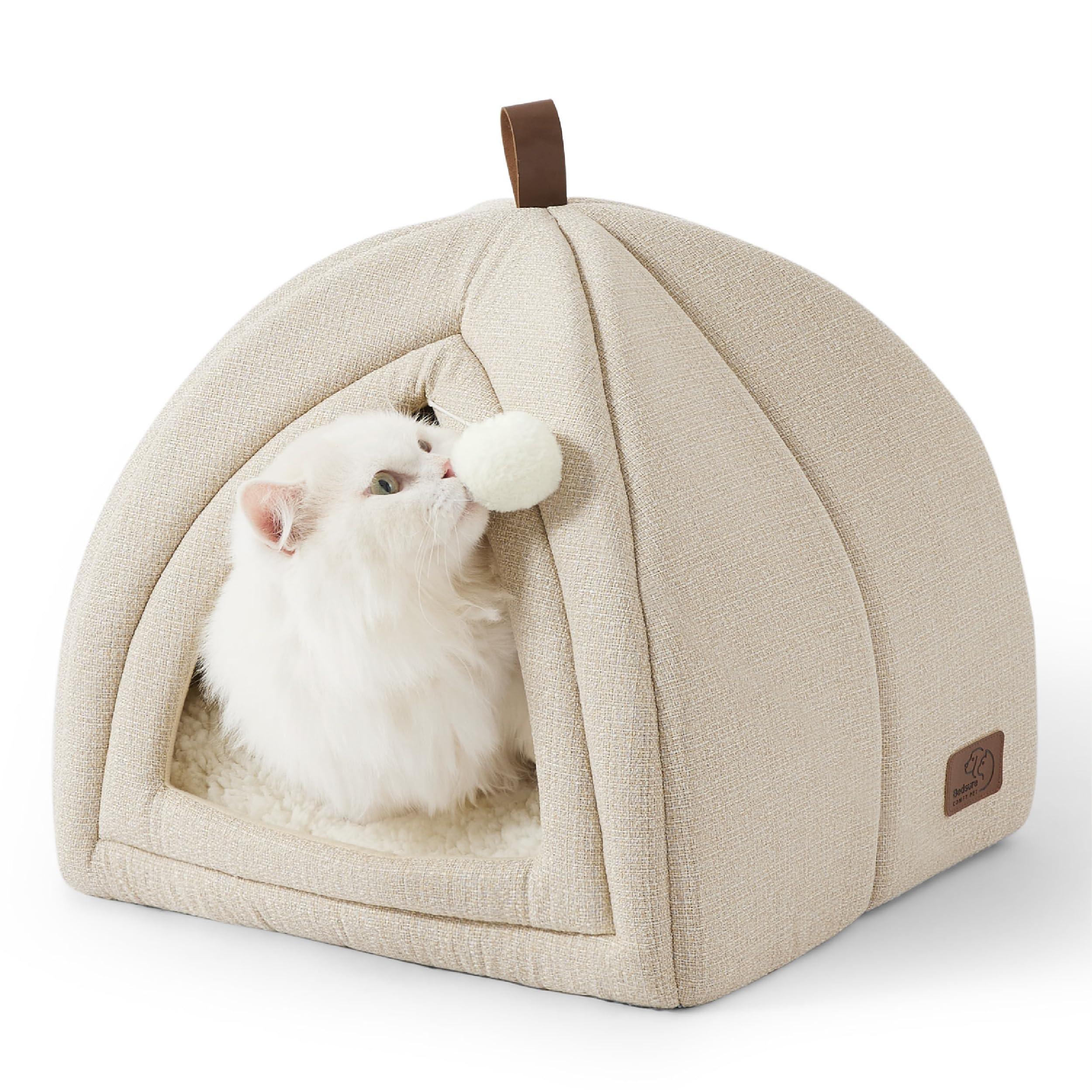 Bedsure Cat Cave Bed Igloo - Cat Tent Bed House with Removable Washable Cushion Pillow Foldable Portable Pet Bed,Beige, 40x40x40cm