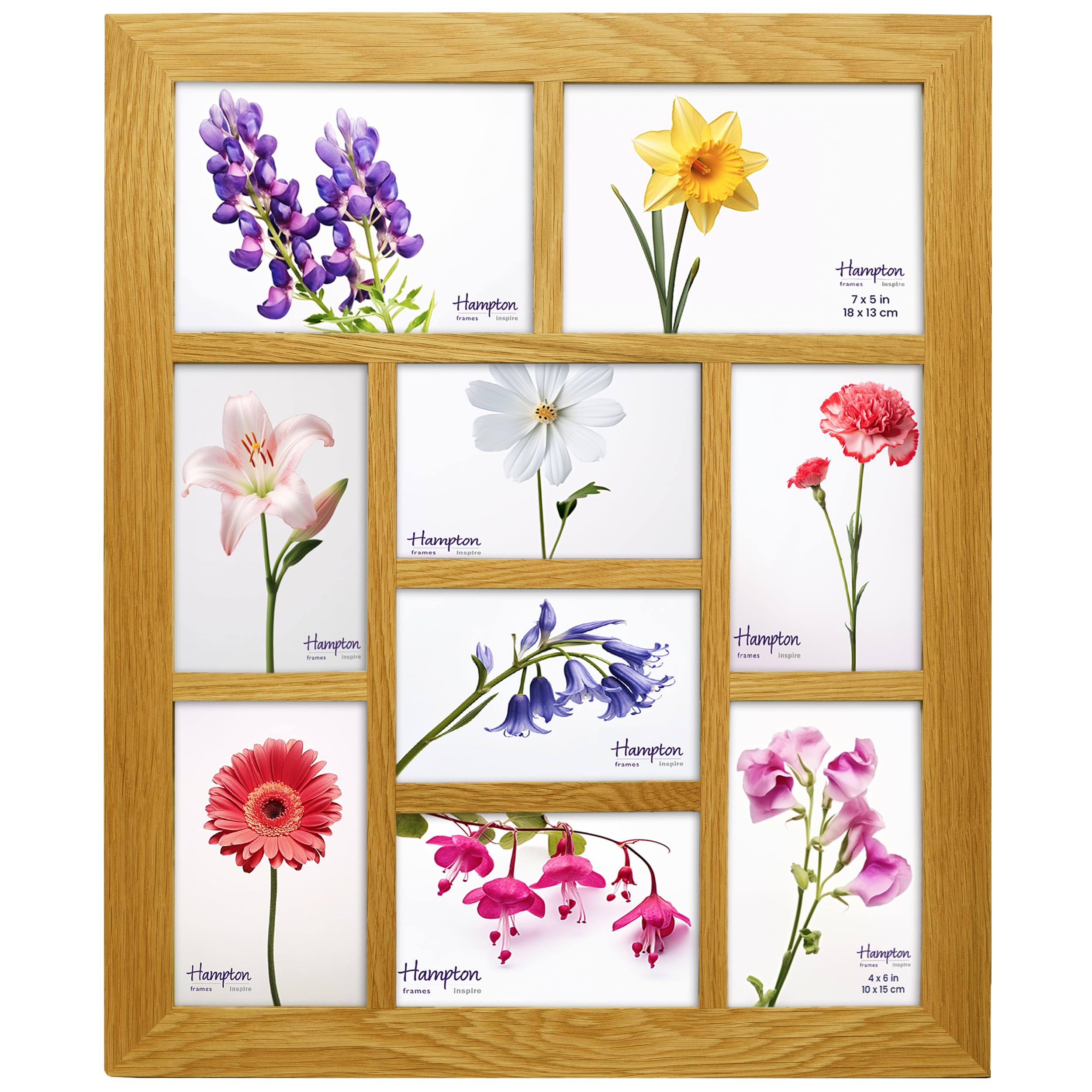 inspire by Hampton Frames | OAKRIDGE Multi Aperture Photo Frame, 48.7x41CM, Natural Oak, Polished Wood, Acrylic Front | Wall Mount, Holds 9 Photos, For Picture Display
