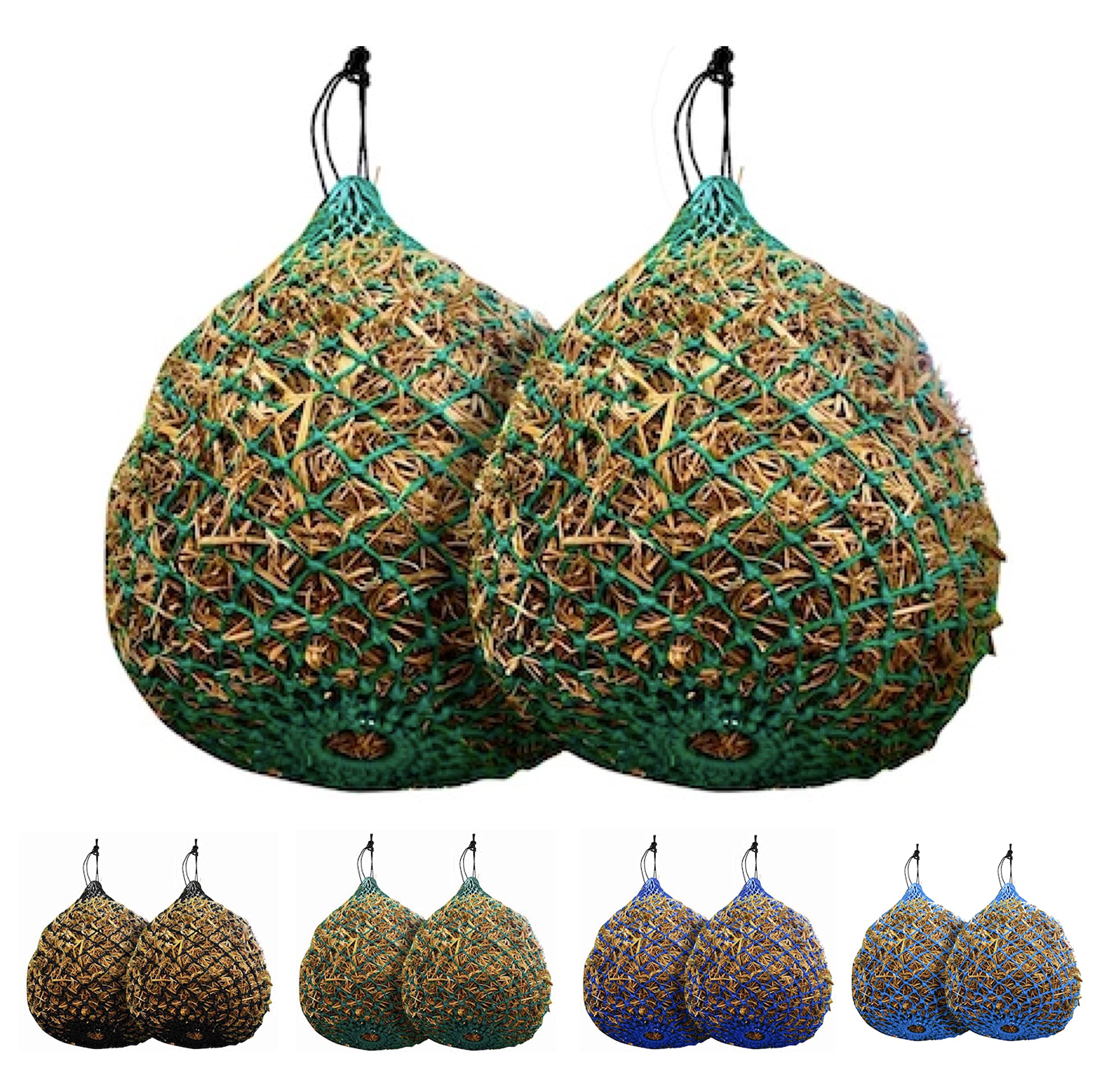 Majestic Ally 2 Pcs 1.25”x1.25” Holes Ultra Slow Feed 40” Very Sturdy Hay Net with Bottom Ring for Goat, Sheep and Livestock Simulatr grazing, Reduces Waste (Turquoise)