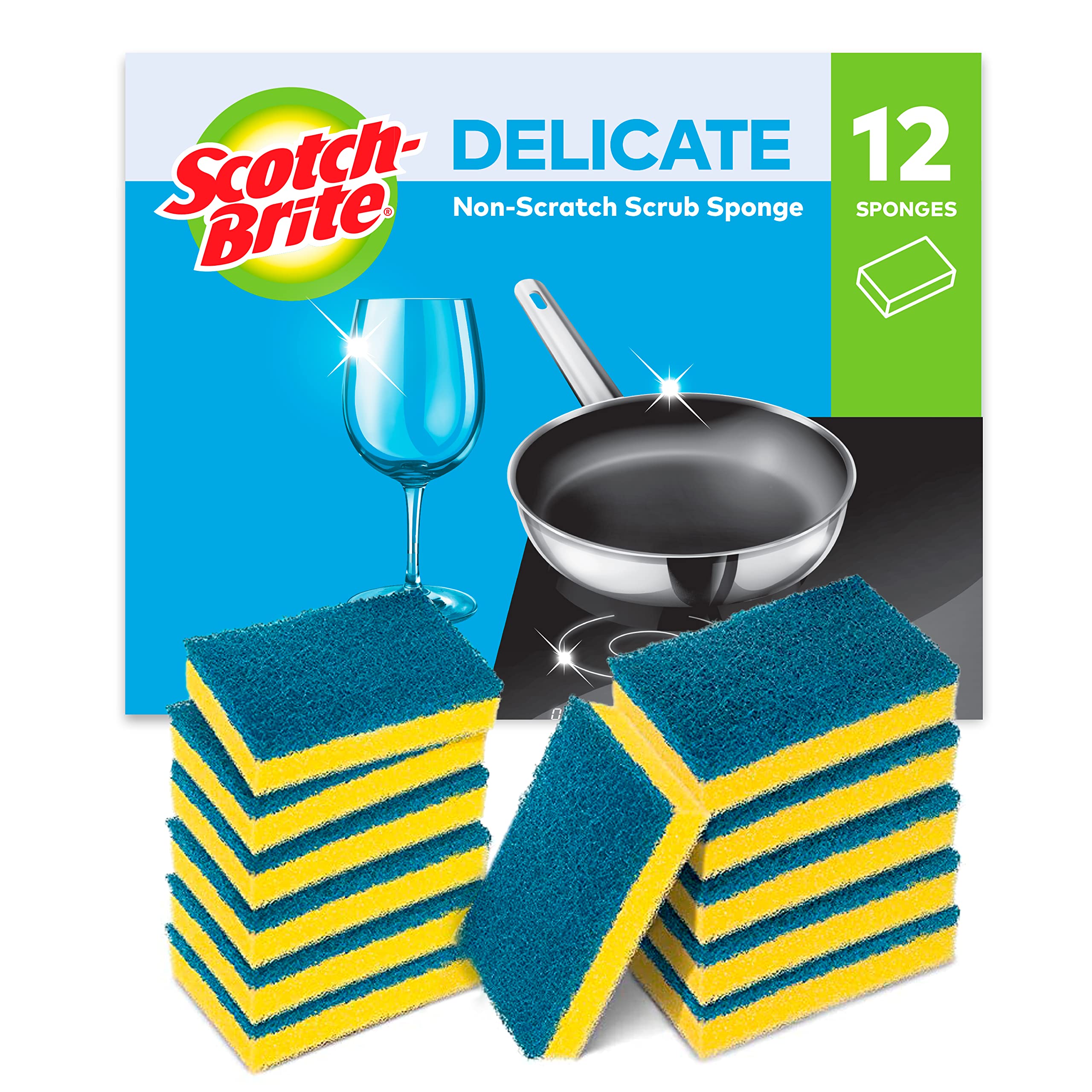 Scotch-Brite Delicate Non-Scratch Scrub Sponge, 12 Pieces - Ideal Everyday Washing up Sponge for Kitchen, Bathroom, and Household, use on Non-Stick Cookware and Glass