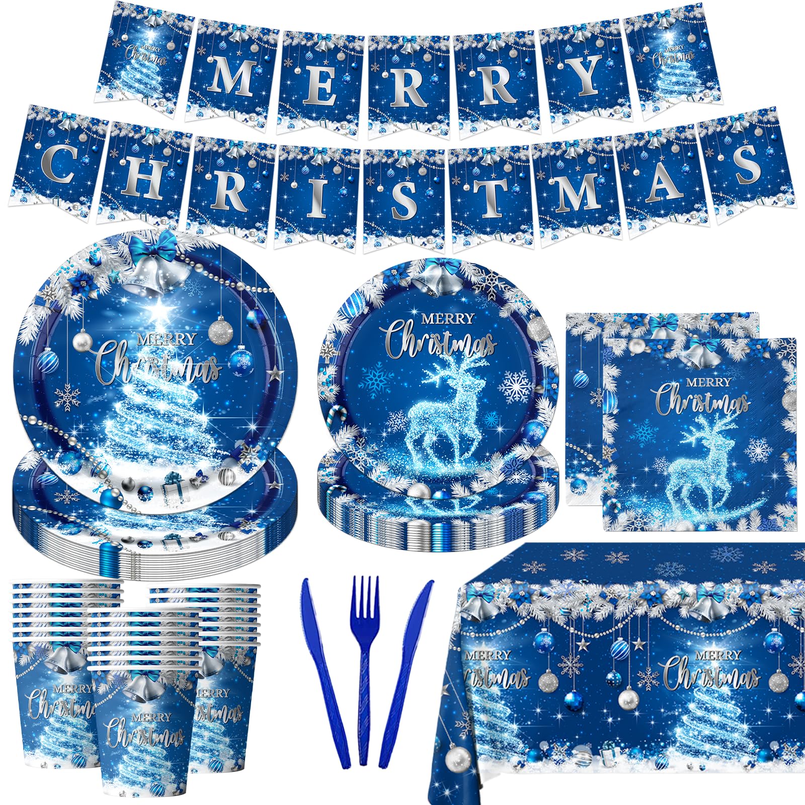 Photo 1 of 142Pcs Christmas Party Decorations Merry Christmas Party Tableware Set Blue Silver Xmas Plates and Napkins for Xmas Birthday Party Favors Serve 20