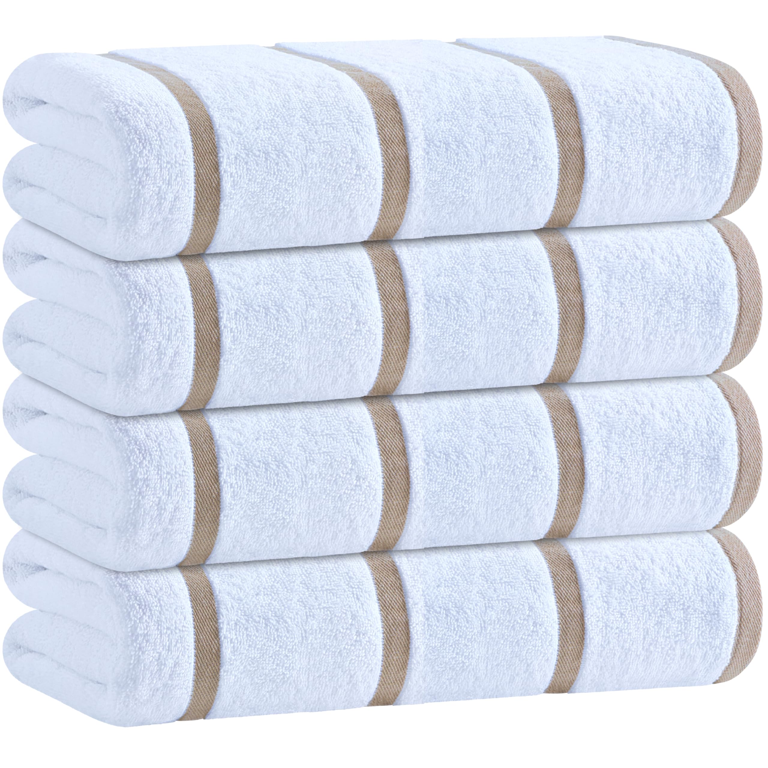 White Classic Cotton Pool Towels Oversized 30 x 60 Inches, Ultra Absorbent and Low Lint Striped Beach Towels for Adults, Stripes Design Luxury Extra Large Bath Towels, Beige, 4 Pack