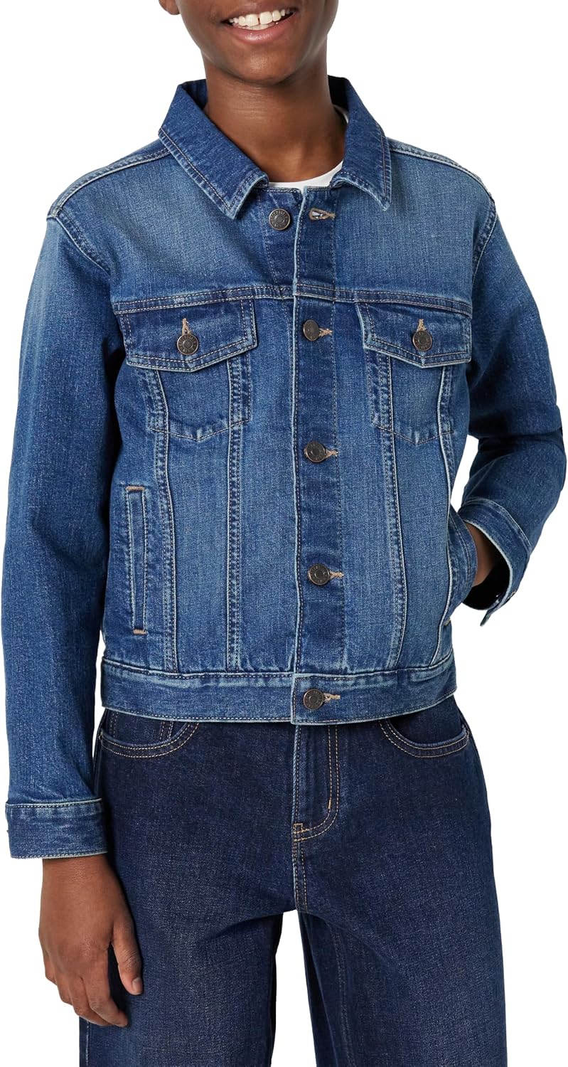 Amazon Essentials Unisex Kids' Medium Stretch Regular-Fit Denim Trucker Jacket for Boys and Girls