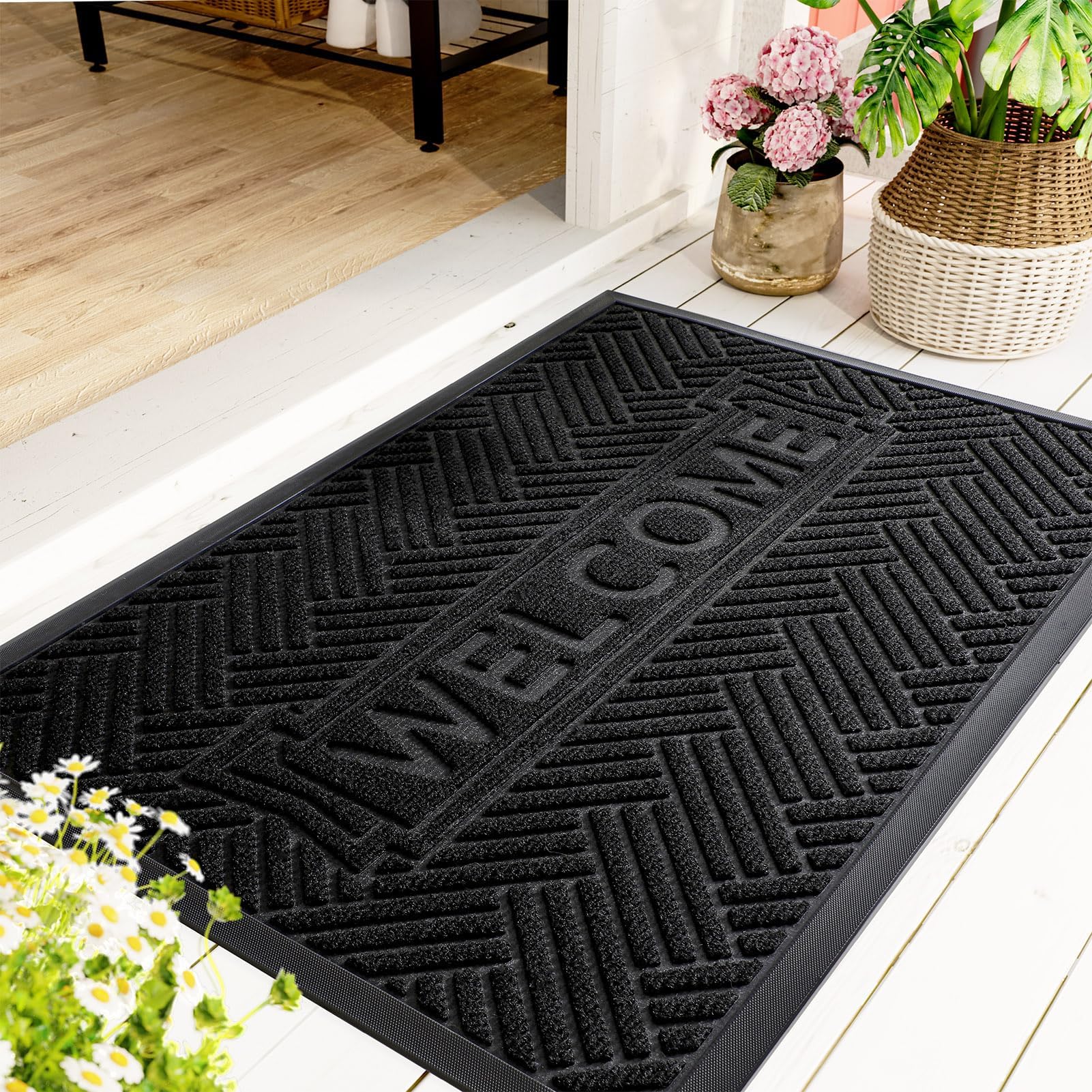 Photo 1 of Mibao Front Door Mat Outside Entrance, Durable Outdoor Indoor Mat, Low Profile Heavy Duty Doormat, Non-Slip, Traps Dirt and Moisture, Easy Clean Patio Porch Entryway Mat, 47" x 32", Black