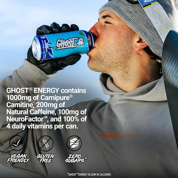 GHOST ENERGY DRINK – 12-PACK, BLUE RASPBERRY, 16OZ CANS – ENERGY & FOCUS & NO ARTIFICIAL COLORS – 200MG OF NATURAL CAFFEINE, L-CARNITINE & TAURINE – GLUTEN-FREE & VEGAN