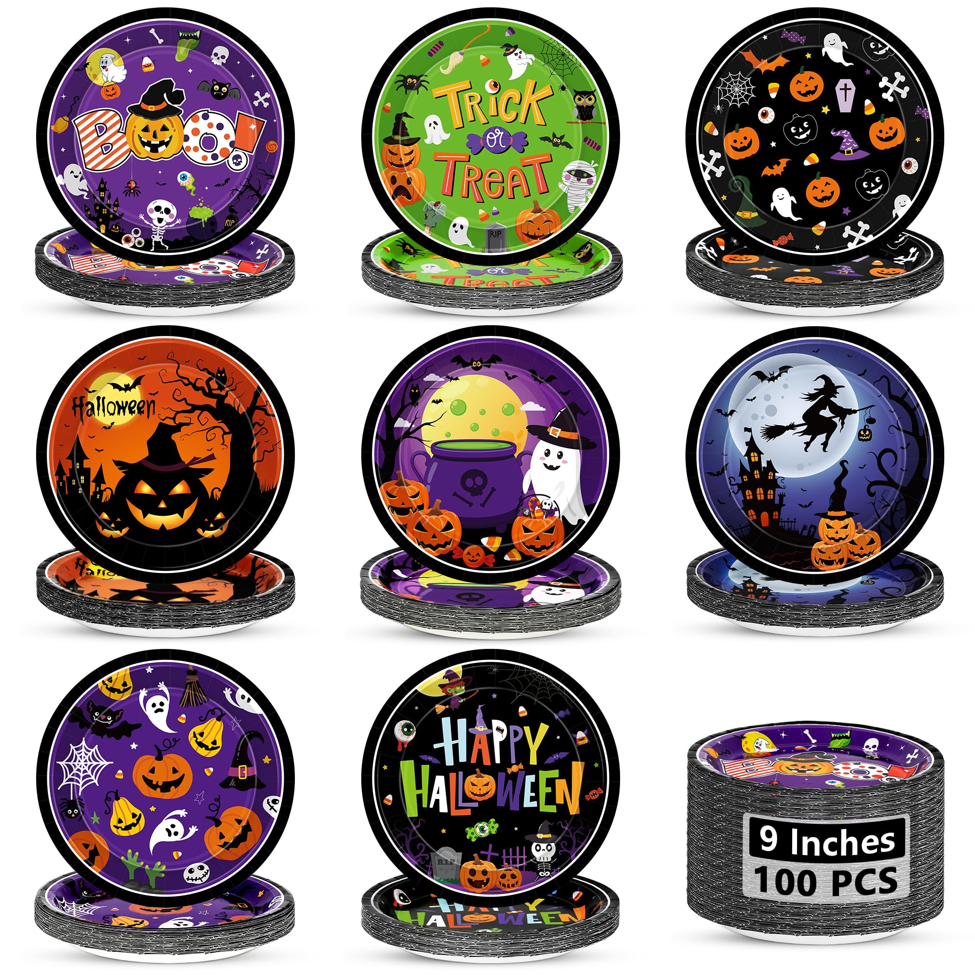 Photo 1 of ***PARTIAL SET/ 50**** QZYL 100 Pcs Halloween Plates, 9 Inch Halloween Party Favors Disposable Dinnerware Set, 8 Multicolor Designs Paper Plates Pumpkin Ghost Skull, Spooky Festival Decor for Trick or Treat Party Supplies