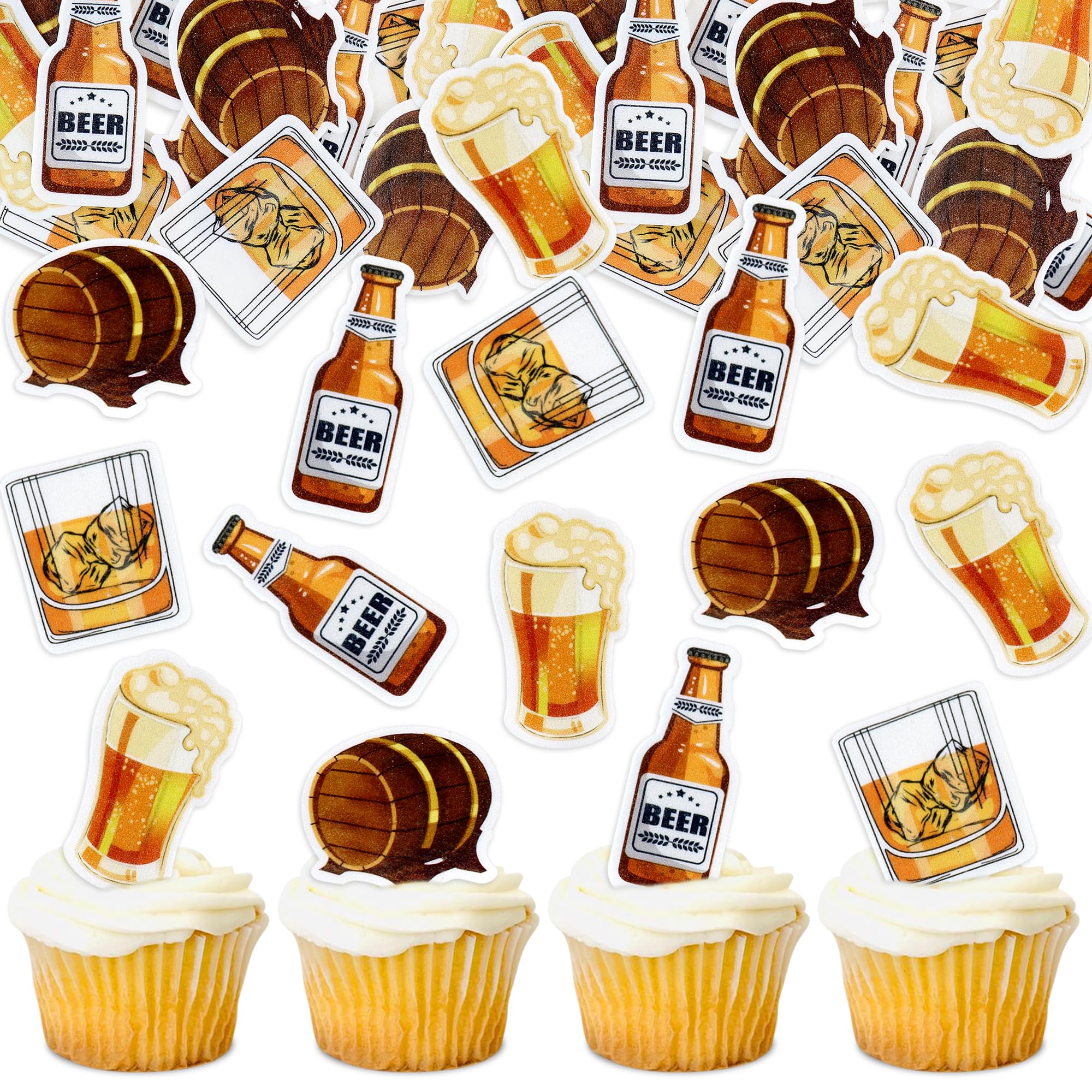 Photo 1 of Ercadio 40 PCS Edible Beer Party Cupcake Toppers Cheers and Beers Happy Birthday Party for Father's Day Beer Kegs Cake Drink Topper Favor for Summer Family Party Decor Supplies