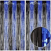 2 Pack Black & Blue Tinsel Fringe Curtains Backdrop, 3.2 x 8.2 ft Metallic Foil Rain Curtains for Boy Birthday Party, Gamer Theme, Space Galaxy, Photo Booth, Door & Wall Decorations