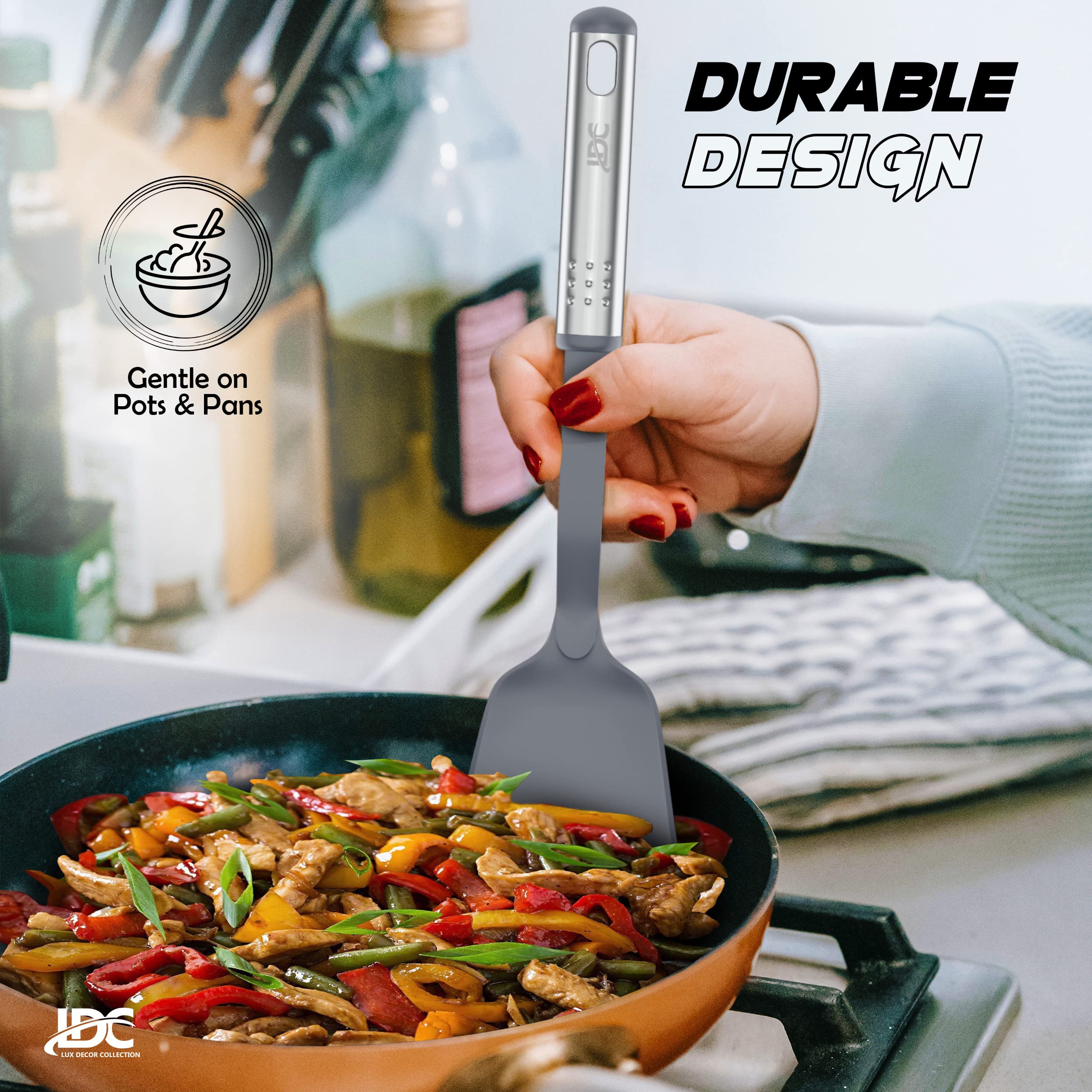 LDC Cooking Utensils Set BPA Free, Food Grade - Heat Resistant Non-Stick Cooking Set with Stainless Steel Handles, Kitchen Essential Tools and Gadgets, 23 Piece - Grey