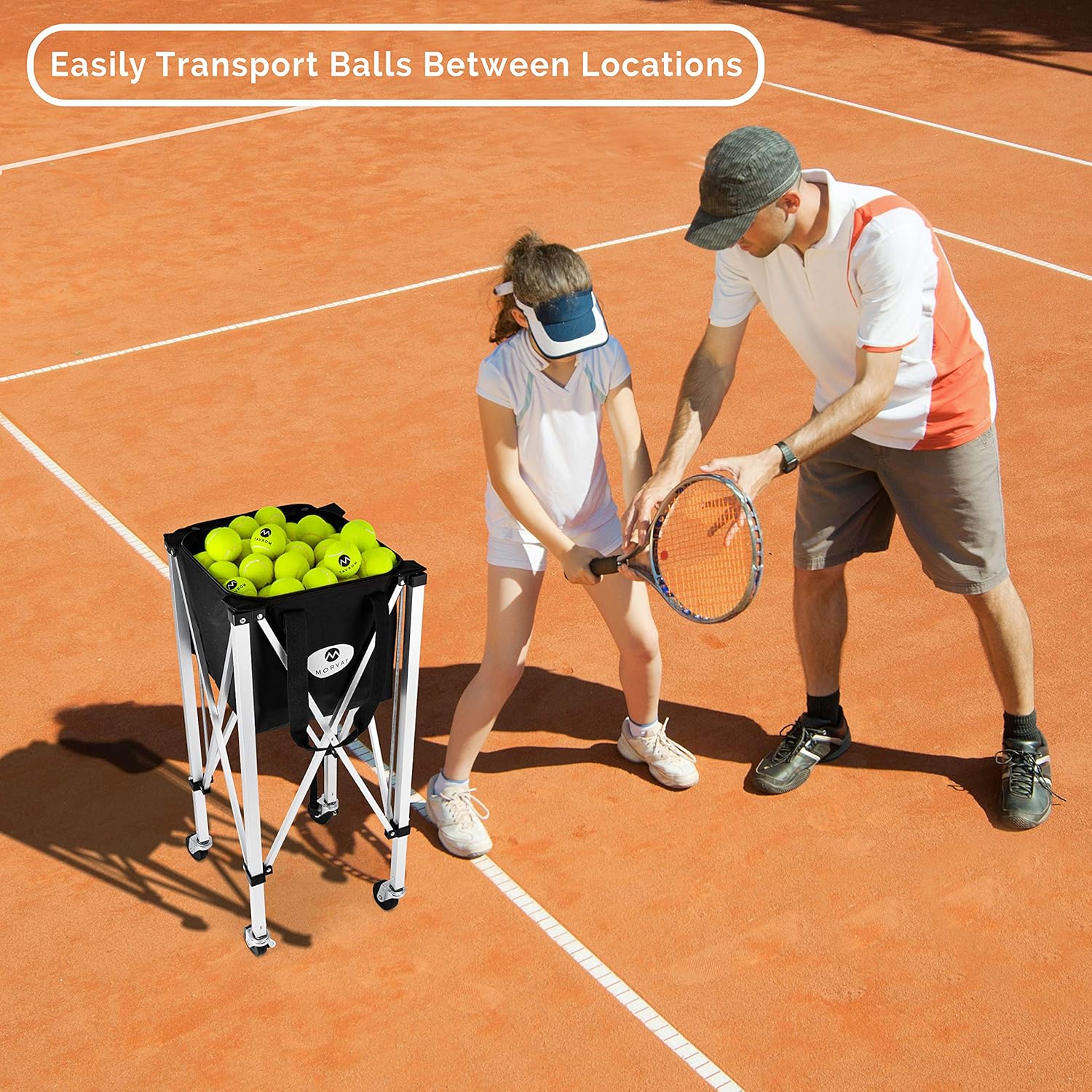 Morvat Tennis Ball Cart (Holds Up to 150 Tennis Balls), Tennis Ball Hopper Basket, Tennis Ball Basket, Tennis Accessories, Tennis Gift, Lightweight, Portable : Sports & Outdoors