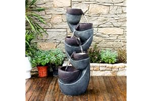 FOUNTJOY 43.31''H Outdoor Water Small Fountain Modern Bowls Artistry Garden Fountains Waterfall Indoor Floor Standing Water Feature Wall with LED Light for Living Room Yard Porch Home Decor