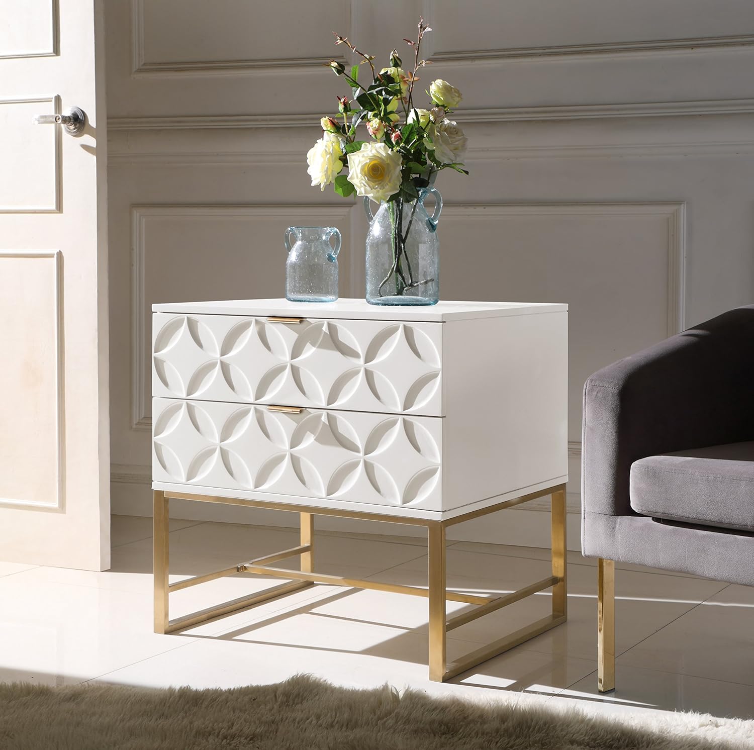 Amazon Com Iconic Home Mantau Nightstand Side Table With 2 Self Closing Lacquer Drawers Brass Finished Stainless Steel Frame Base Modern Contemporary White