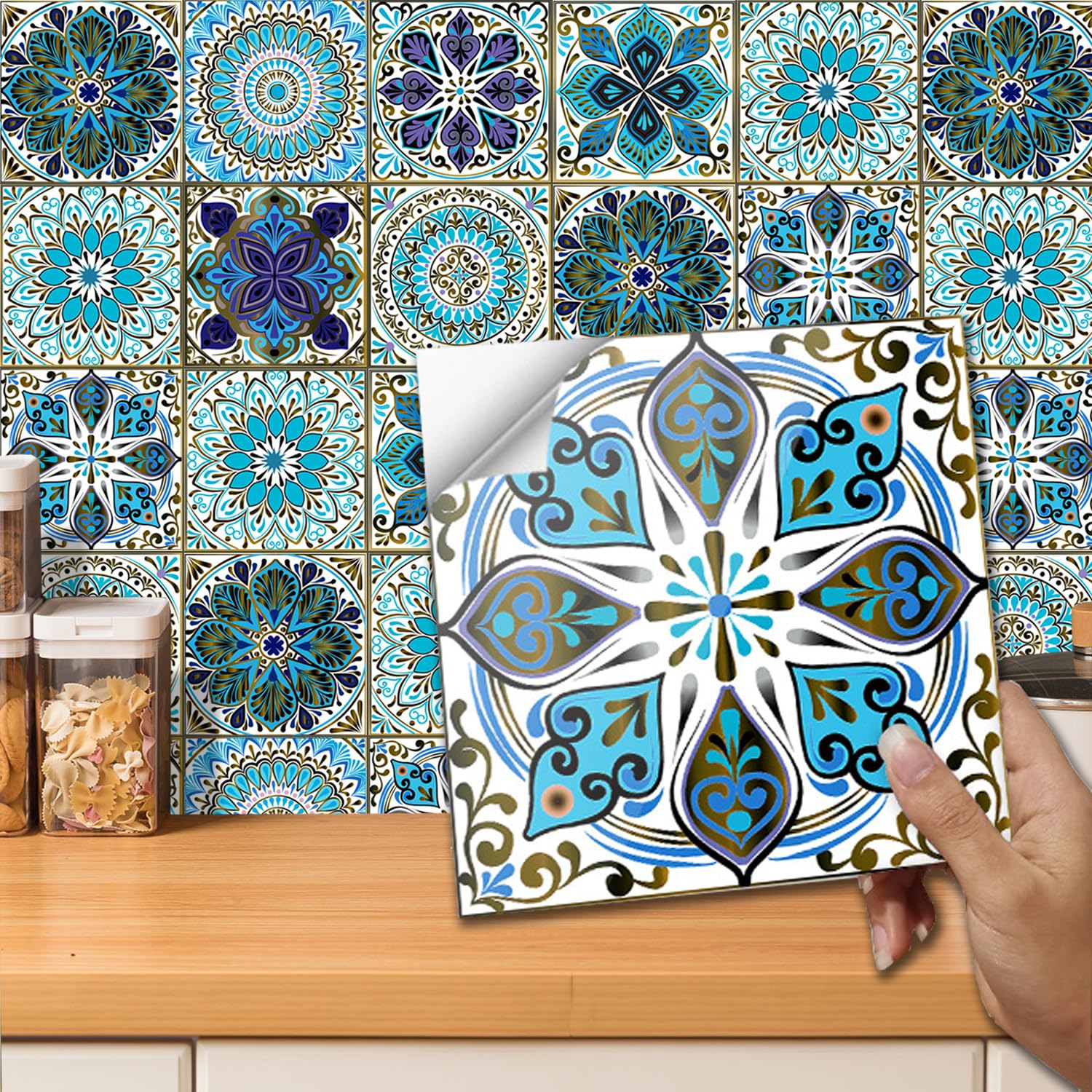 24pcs Moroccan Tile Stickers 15x15cm Blue Bathroom Tile Stickers for Kitchen Transfers Cover Stick On Wall Peel and Stick Tile Decals Waterproof 6"x6"
